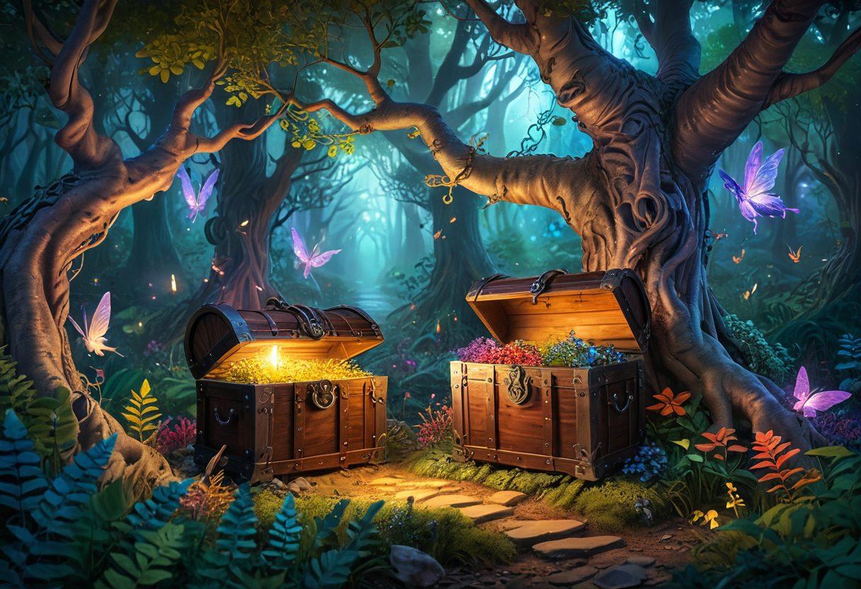 A whimsical fantasy landscape featuring a colorful, enchanted forest with towering trees and sparkling fairies, a curious adventurer with a playful expression holding an ancient key, mythical creatures peeking from behind the foliage, and a mysterious treasure chest in the background. dreamy and magical atmosphere. vibrant colors. 3D.