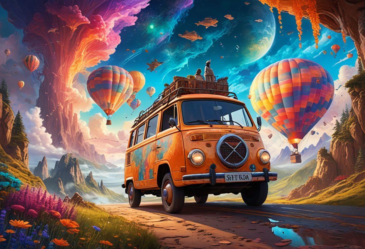 A dynamic scene depicting a colorful and mystical vehicle racing through an enchanting landscape filled with vibrant puzzles and hidden treasures. The sky above bursts with animated clouds and whimsical creatures, while the terrain features winding roads that glow with mystery. Emphasize the thrill of adventure with a sense of joy and wonder in the expressions of the vehicle's passengers. fantasy art. vibrant colors. mystical atmosphere.